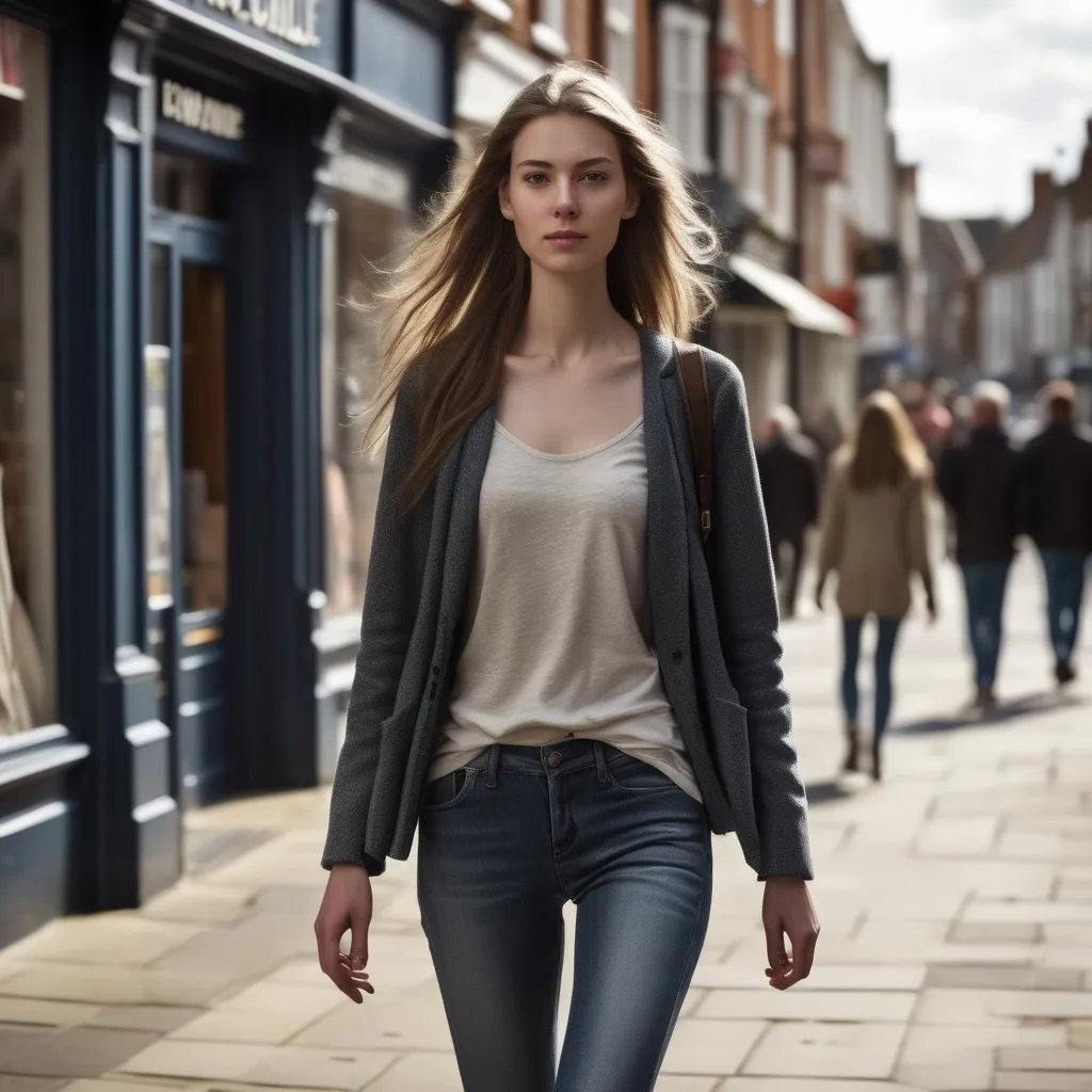 Prompt: Tall young woman walking down the high street, detailed clothing, realistic, natural lighting