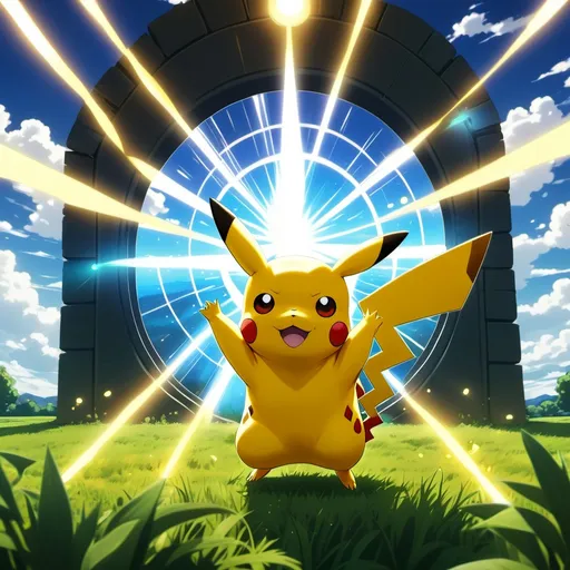 Prompt: Banner of a pikachu attacking in a field with rays near a glowing portal, symbolizing the transition to another world add text Isekai Anime Collectibles