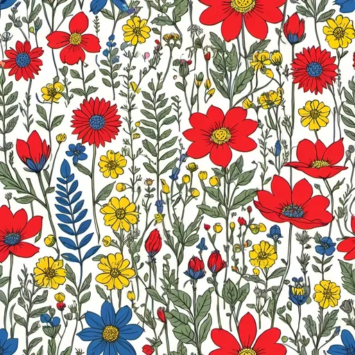 Prompt: Seamless pattern, wild flowers, red, blue, yellow, green colors, colour line art, in the scandinavian  style