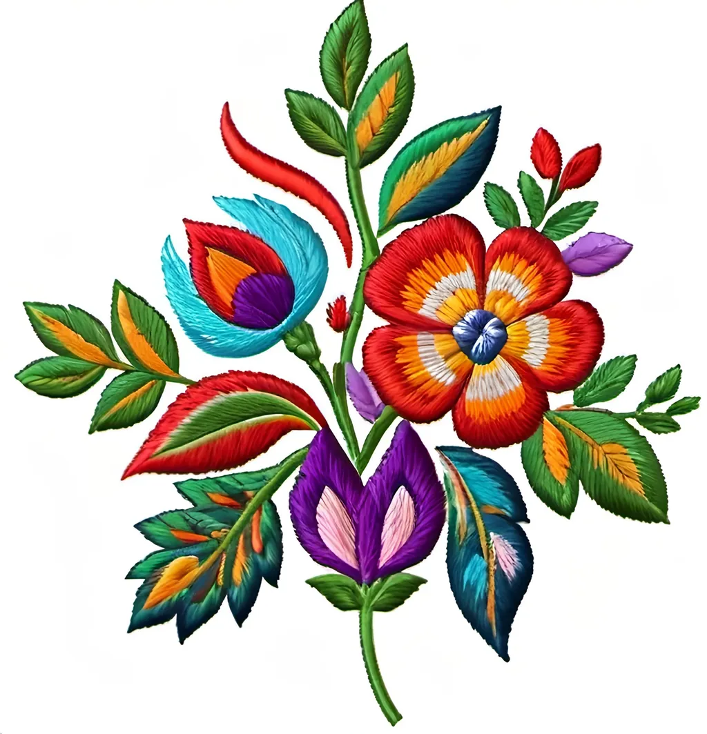 Prompt: Seamless pattern, embroidery design, colorfull threads, flowers and leaves, russian style, high resolution image