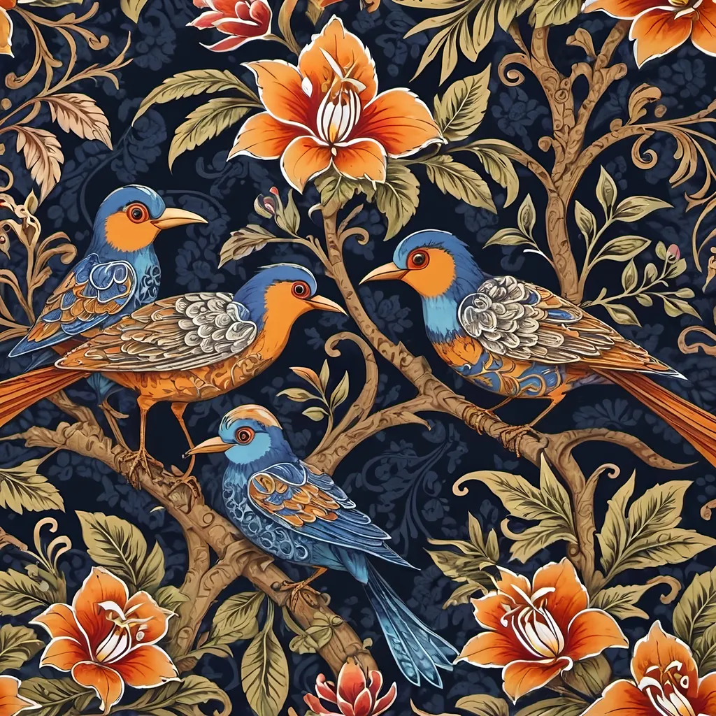Prompt: Seamless pattern, bali batik design, fantastic birds and flora, gouache painting, fine and high details, fine stroke outlines and contours