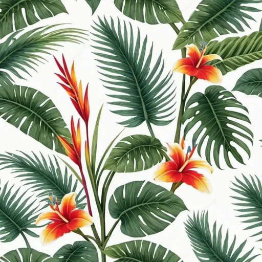 Prompt: seamless pattern, tropical flowers, adam ribs leaves, white background.