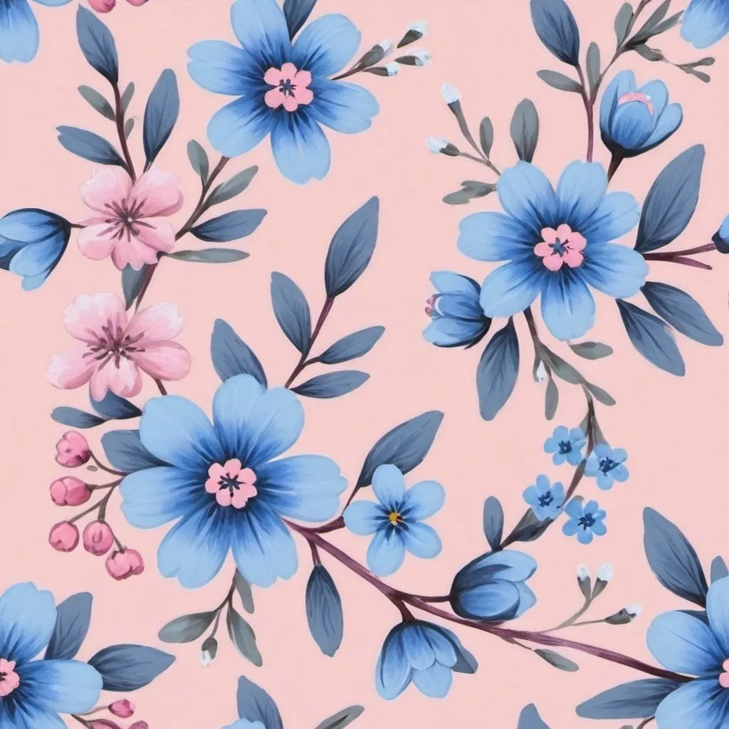 Prompt: Seamless pattern, small blue and pink flowers, delicate bunchs with blossons and small leaves, soft pink background, gouache painting, fine strokes, high details