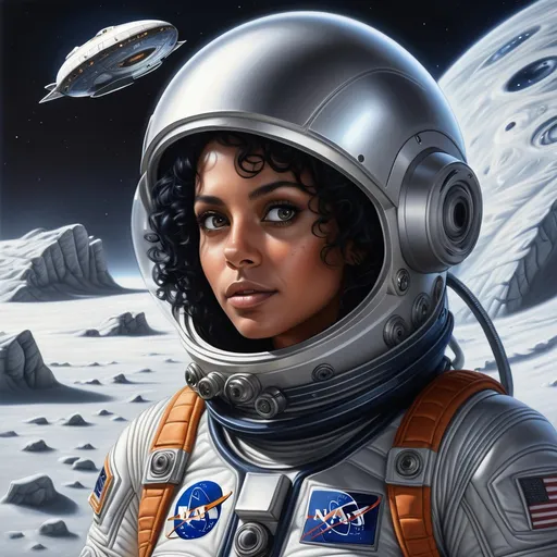 Prompt: a drawing of a dark-tanned woman, curly black hair, glowing navy eyes, spacesuit, ancient spaceship discovery background, winter, photorealism, hyper-realistic, airbrush, a digital rendering, detailed