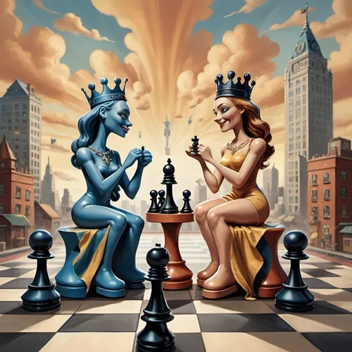 Prompt: A surrealist painting with a comic book art style. In the foreground, there are stylized chess pieces with eyes, arms, legs, andfriendly smiles. The King and Queen pieces are sitting on a large chessboard in the background. The background contains a city with buildings of varying heights. There are clouds in the sky. The overall image has a warm hue.