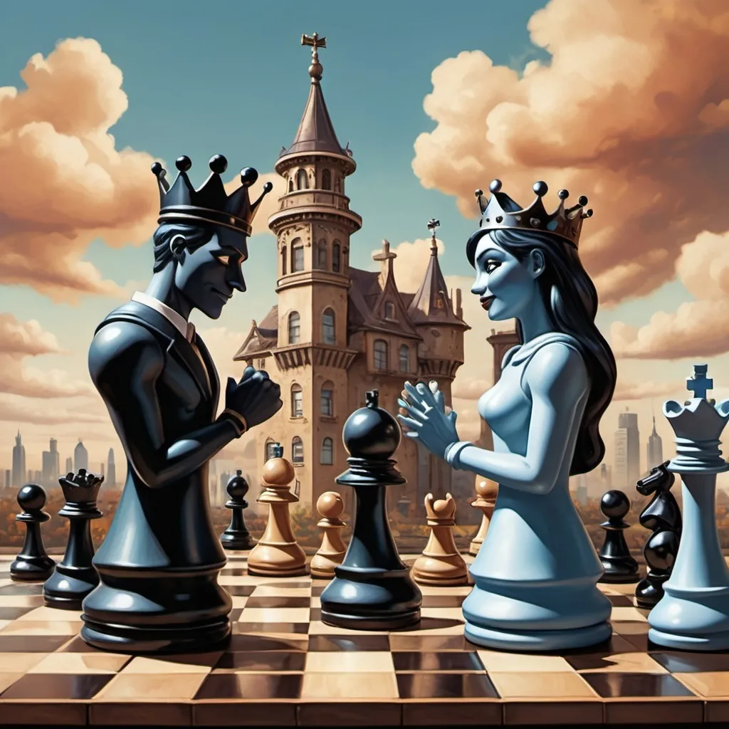 Prompt: A surrealist painting with a comic book art style. In the foreground, there are stylized chess pieces with eyes, arms, legs, andfriendly smiles. The King and Queen pieces are sitting on a large chessboard in the background. The background contains a city with buildings of varying heights. There are clouds in the sky. The overall image has a warm hue.