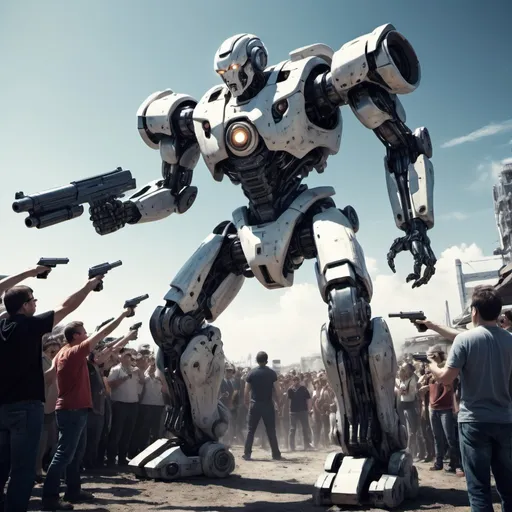 Prompt: AI humanoid pointing massive guns at crowd, tragic scene, dramatic action, outdoor setting, sunny weather, detailed robotic features, futuristic weaponry, distressed human expressions, epic scale, high contrast lighting, highres, ultra-detailed, dramatic, futuristic, outdoor, tragic, robotic features, distressed expressions, massive guns, sunny weather, epic scale