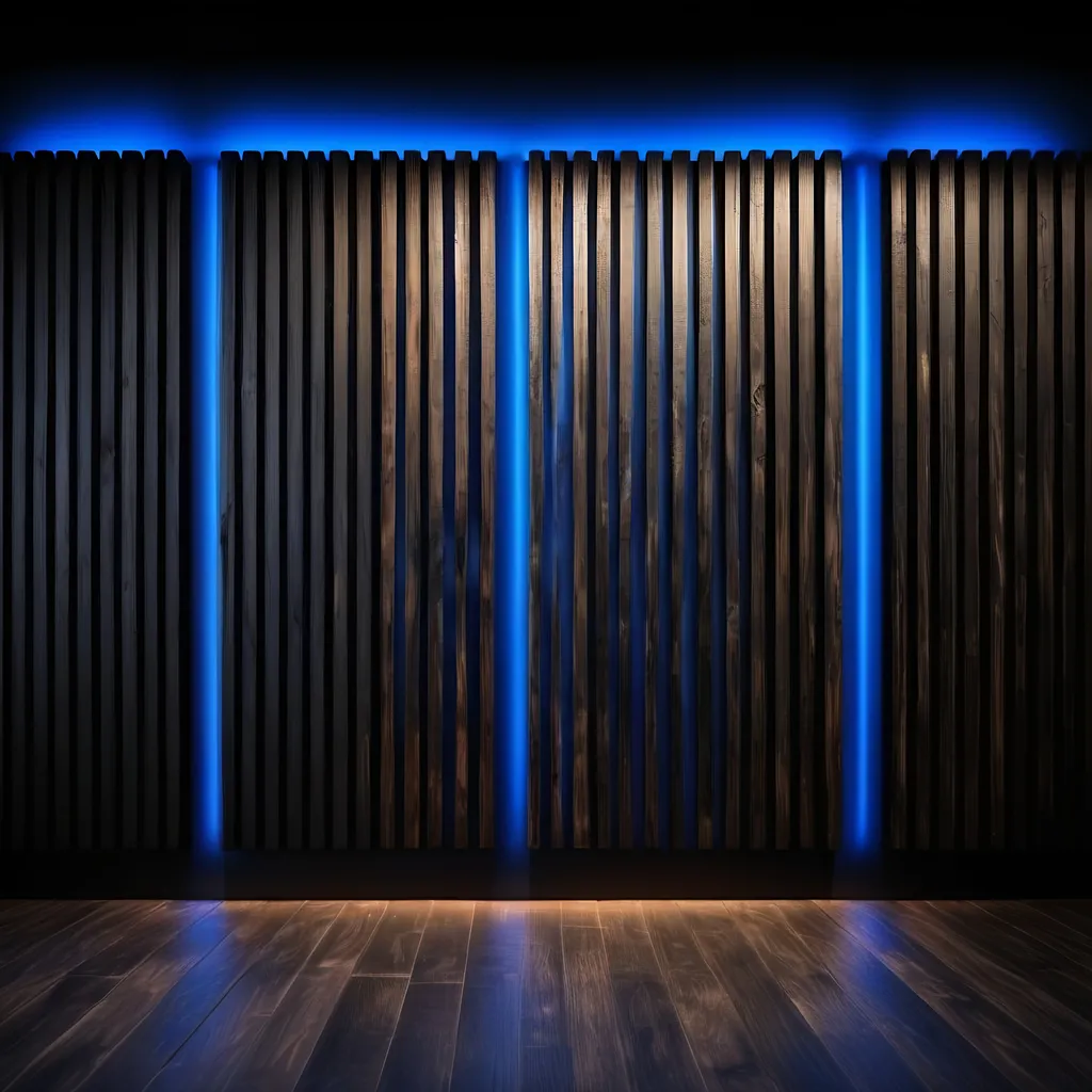 Prompt: youtube studio with a vertical black wooden slat background, blue lights shining on the wood 