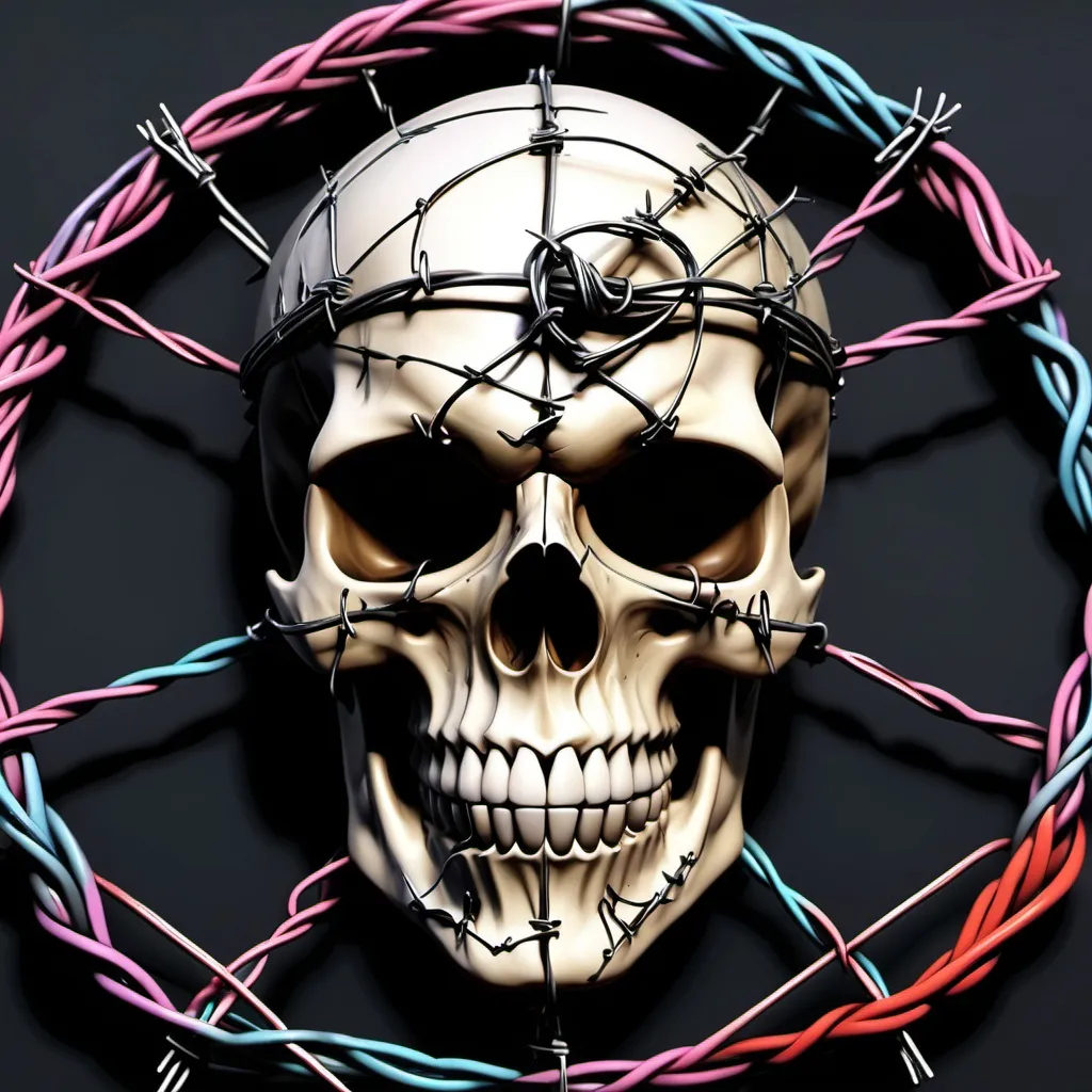 Prompt: Skull barb wire twisted colors 