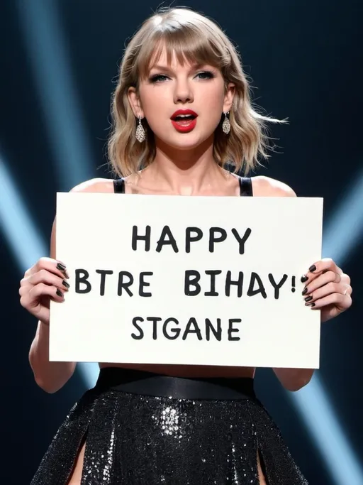 Prompt: Taylor Swift standing on the ERA's tour stage holding a sign : Happy Birthday Marozane"
