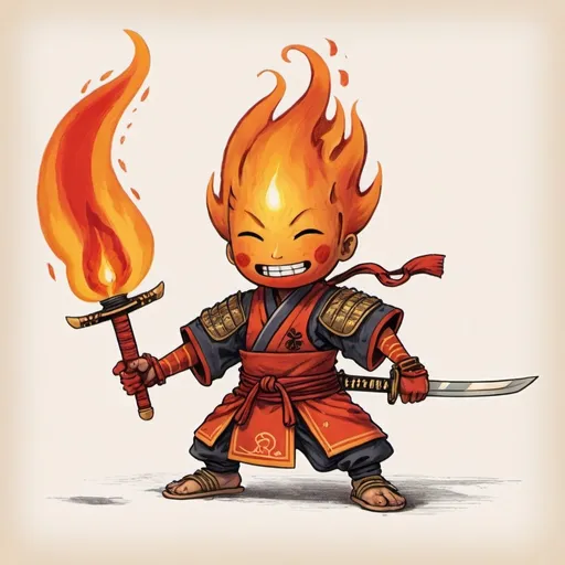 Prompt: A drawing of a flame that has a face and a samurai sword. This character is called flame boy. He had floating arms and feet like ray man 