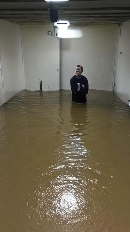 Prompt: man stuck inside a facility with flooded sewage water with no lights in the facility, camera flash, desperate, bad quality, shaky camera, funny