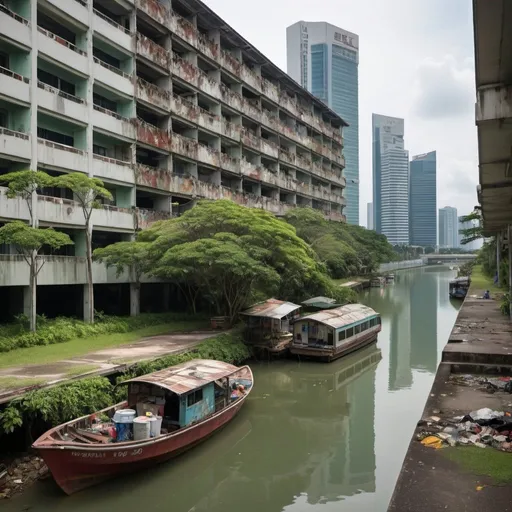 Prompt: Imagine Singapore, but in a state of poverty. The Marina Bay Sands and other iconic skyscrapers are replaced by old, crumbling buildings with peeling paint and exposed brick. The streets are filled with potholes and litter, with makeshift stalls and vendors lining the sides. The usually clean and efficient MRT stations are now overcrowded, with broken-down trains and graffiti-covered walls. HDB flats are visibly deteriorating, with laundry hanging from windows and rusty balconies. The lush green spaces and gardens are replaced by sparse, dusty parks with little vegetation. The financial district is sparse, with only a few small, run-down office buildings. The once-bustling harbor is filled with old, decrepit boats and polluted water. Overall, the atmosphere is one of struggle and hardship, a stark contrast to the clean and prosperous Singapore of today.