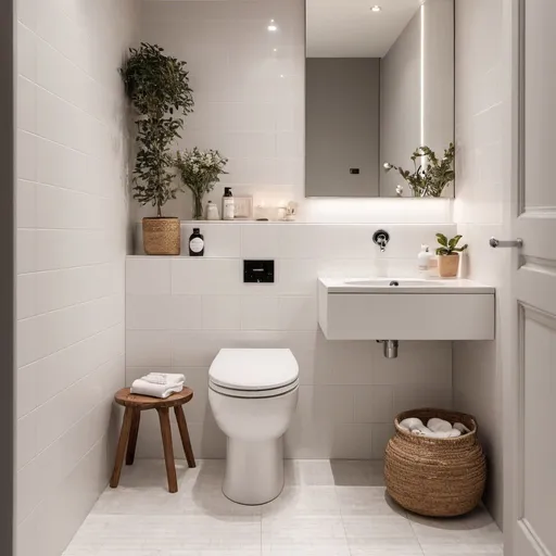 Prompt: A bathroom is very beautiful and lighted with  a white intelligent closestool, white tiles. The light is cosy 