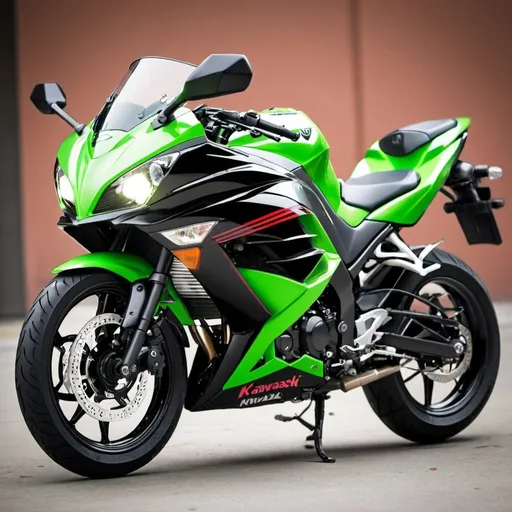 Prompt: Kawasaki Ninja 300 but with updated LED lights and USD front suspension. Color should be green in the fuel tank, black in the middle of fairing, and white at the bottom of fairing with a minimal red stripe. the seat section is black as well