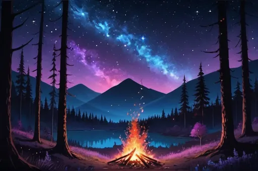 Prompt: An image of nature at night, starry sky with blue and purple, many stars
, it is a forest with a single fire burning in the middle, little embers floating up from the fire