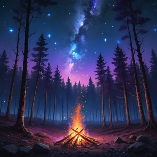 Prompt: An image of nature at night, starry sky with blue and purple, many stars
, it is a forest with a single fire burning in the middle, little embers floating up from the fire