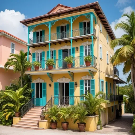 Prompt: A two story French Caribbean style house with a beautiful balcony that features hanging plants