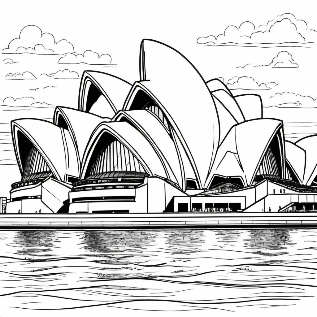 Prompt: Black and white coloring book version, cartoon drawing of the Sydney Opera House