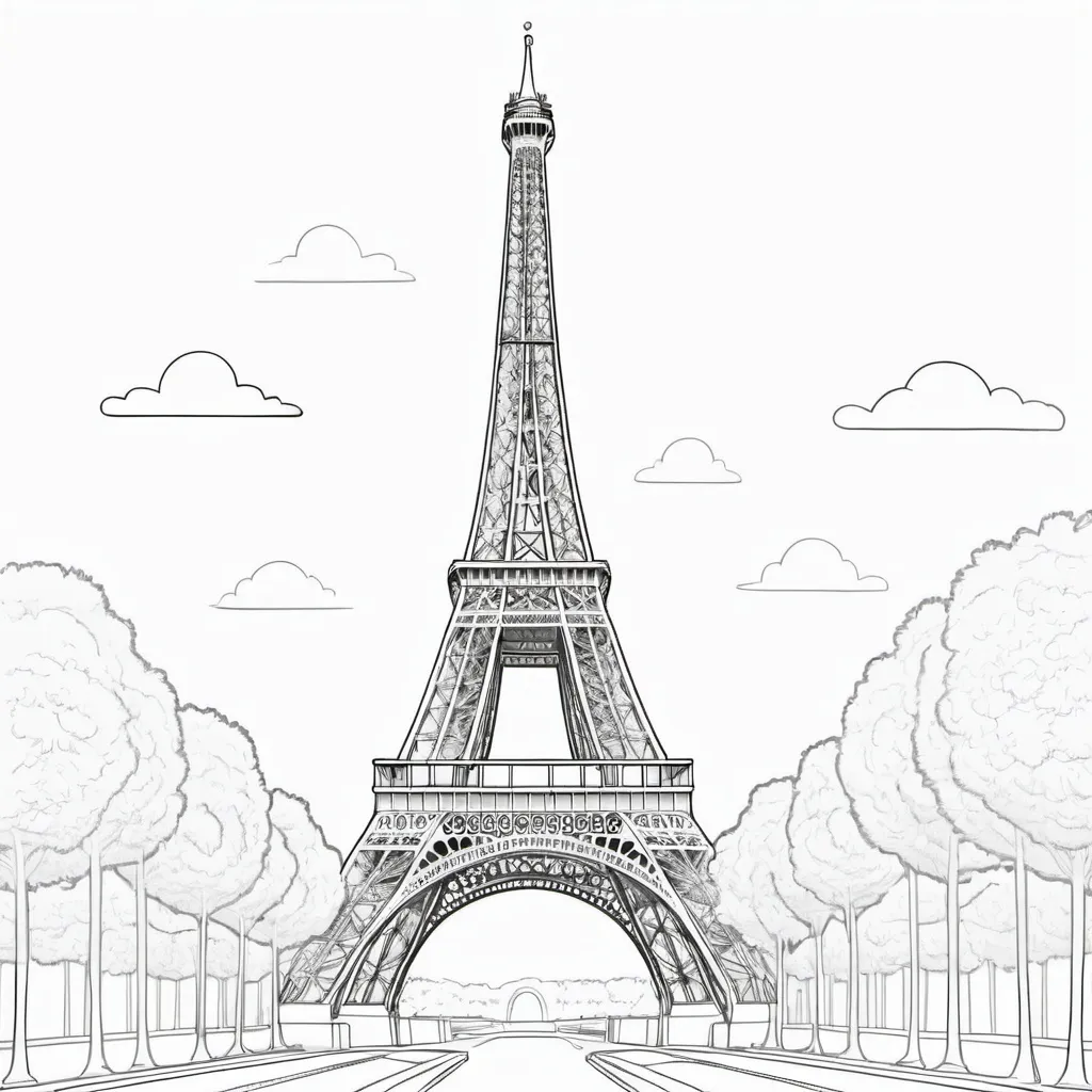 Prompt: white, coloring book version, cartoon drawing of the eiffiel tower