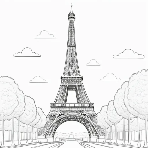 Prompt: white, coloring book version, cartoon drawing of the eiffiel tower