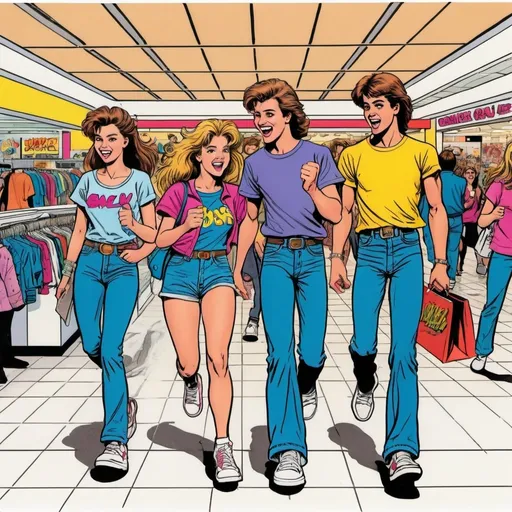 Prompt: Comic book drawing of a 1980s era teenagers having fun at the mall