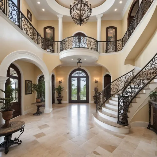 Prompt: Large French Caribbean style foyer with a dual staircase with rot iron rails