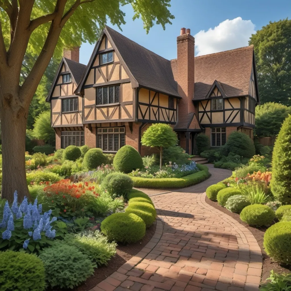 Prompt: Beautiful Tudor style home with nice landscaping