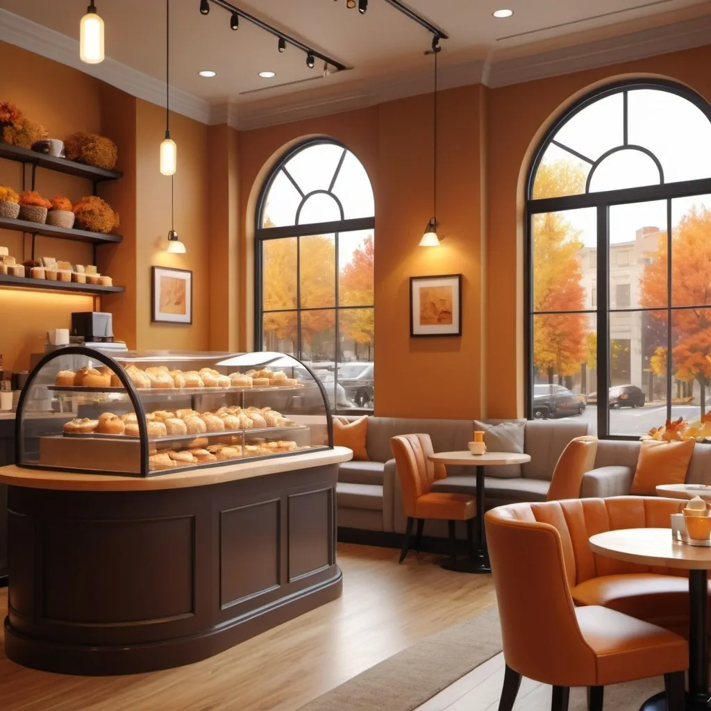 Prompt: Upscale coffe shop with soft lighting, a baked goods display case and large windows on an autumn day