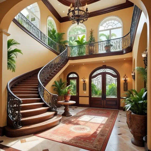 Prompt: Large French Caribbean style foyer with a dual staircase with rot iron rails