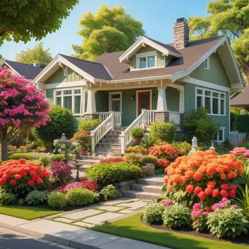 Prompt: Large bungalow Style home with beautiful flowers and landscaping in the front yard