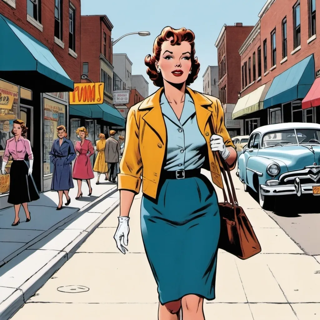 Prompt: Comic book drawing of a 1950s era woman walking down the street on a sunny day