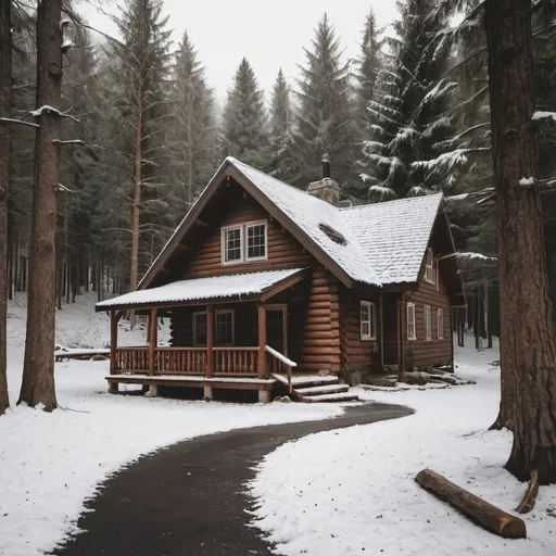 Prompt: Cozy Cabin house in the woods with a dusting of snow on the ground