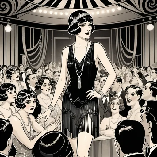 Prompt: Comic book drawing of a 1920s era flapper on stage at a crowded, art deco club