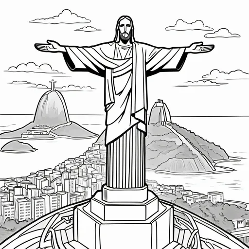 Prompt: Black and white coloring book version, cartoon drawing of Christ the Redeemer in Brazil