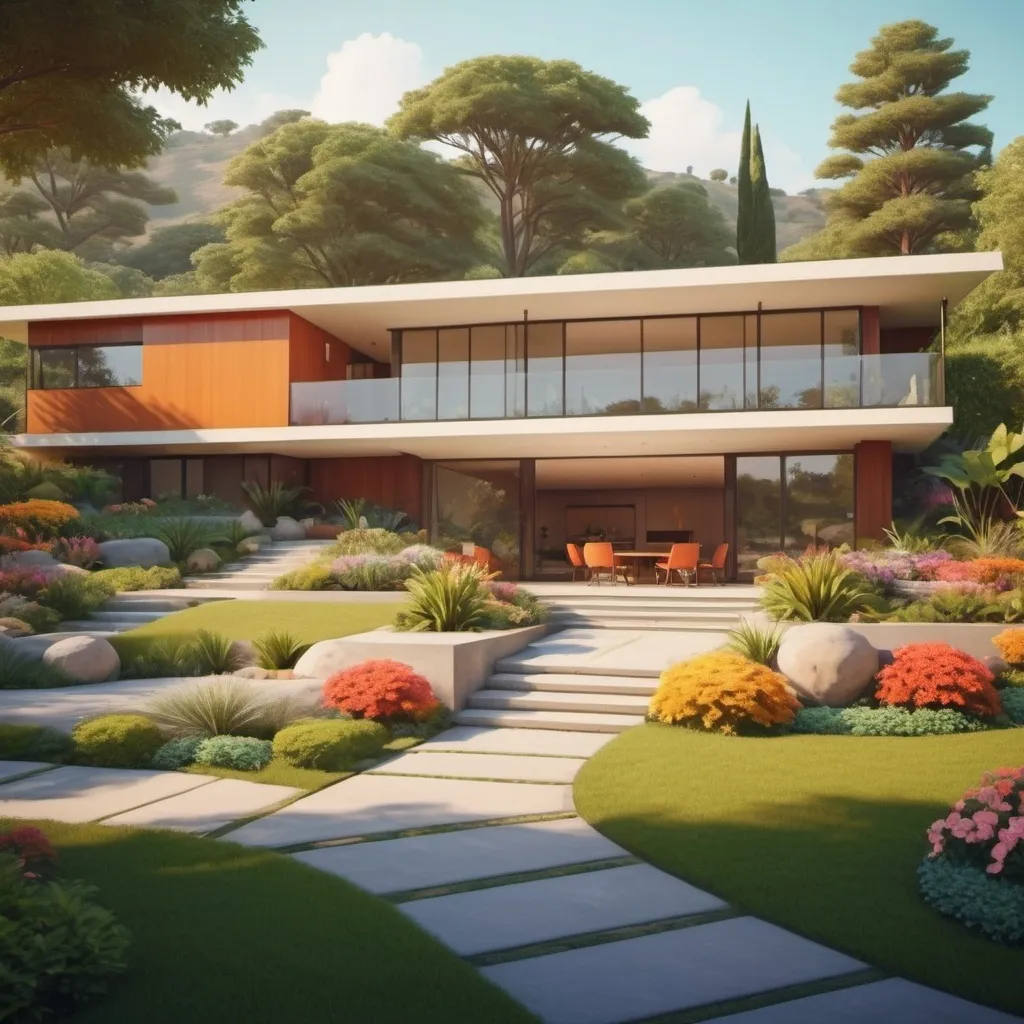 Prompt: Large mid century modern style house with nice landscaping