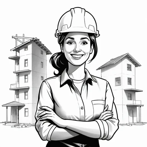 Prompt: Black and white cartoon drawing of a happy female architect with white background