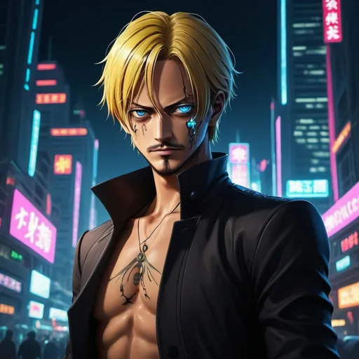 Prompt: Vinsmoke Sanji, (intense gaze), futuristic cyberpunk world, neon lights illuminating the scene, high-tech skyscrapers in the backdrop, vibrant colors blending with dark shadows, mysterious ambiance, (dramatic atmosphere), cybernetic elements in the environment, ultra-detailed, mesmerizing light reflections, adventure awaits, captivating character, exploring the unknown. Include his scar across the eye similar to in One piece