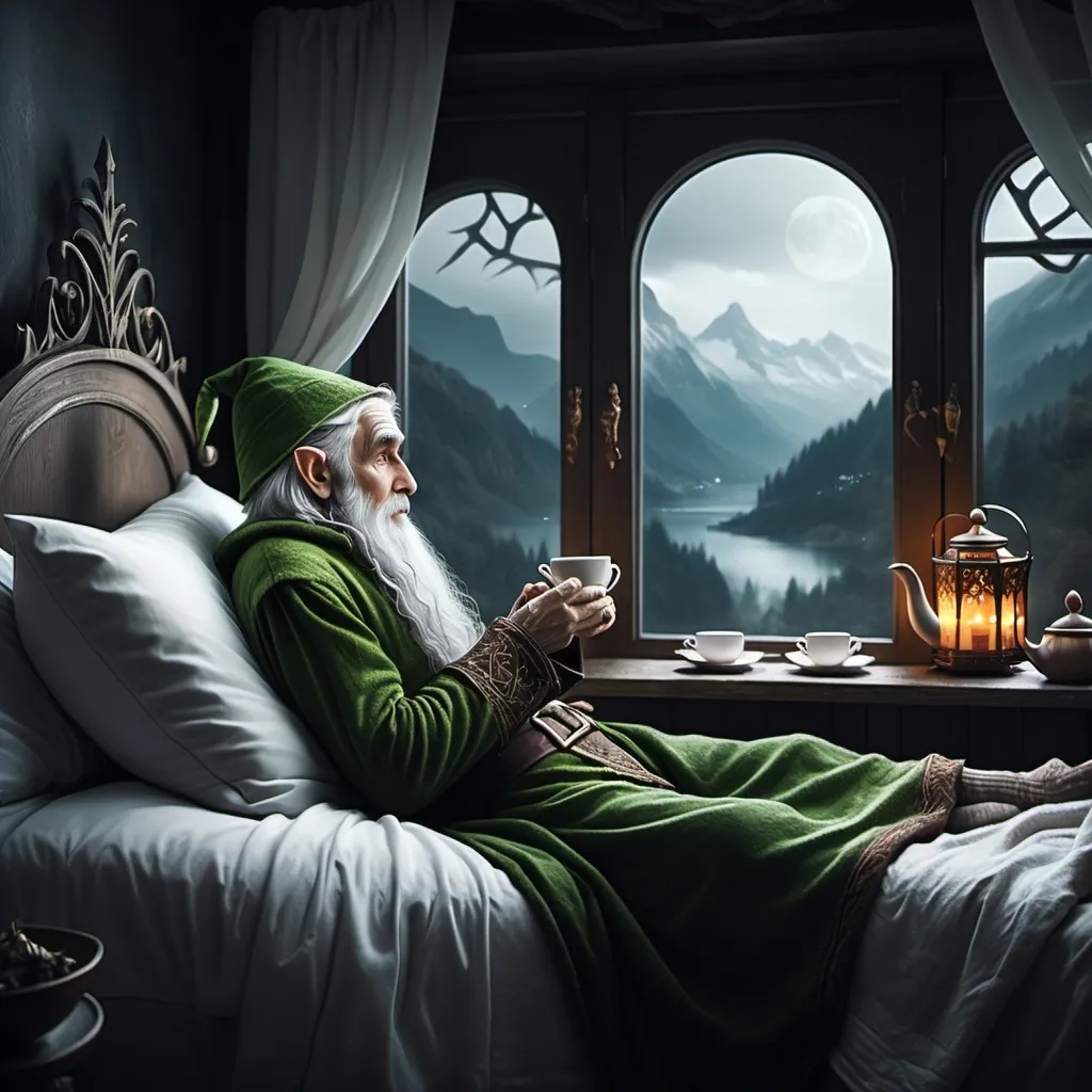 Prompt: A old elf in bed laying and looking out the window to see a beautiful view with tea in his hands dark fantasy