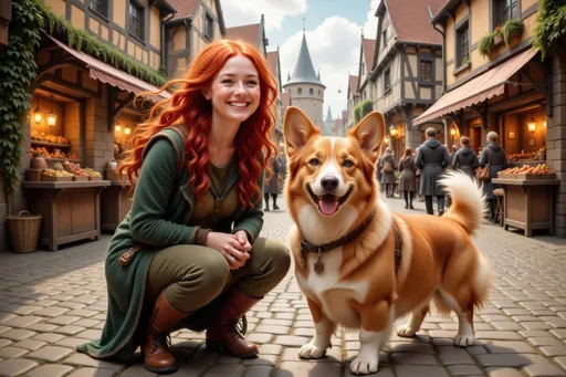 Prompt: @xS3nIz8YHitO9l4qjp8A A young woman with flowing hair and a playful smile is kneeling in the cobblestone square of a bustling medieval village, engaging joyfully with a corgi. The corgi, with its fluffy coat and bright eyes, proudly holds a bone in its mouth, wagging its tail excitedly. Surrounding them, quaint thatched-roof cottages and vibrant market stalls create a lively backdrop, with villagers going about their day. Sunlight filters through the leaves of nearby trees, casting dappled shadows on the ground, while a gentle breeze stirs the air, adding a sense of warmth and cheer to the scene. The composition captures the moment in a mid-action frame, emphasizing the bond between the woman and her playful companion.
