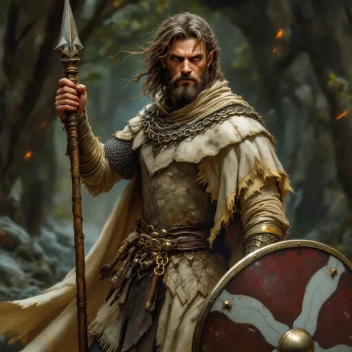 Prompt: a human fighter that has trained in druidic, divine and arcane forms of magic. He wears chainmail and carries a shield and quarterstaff
