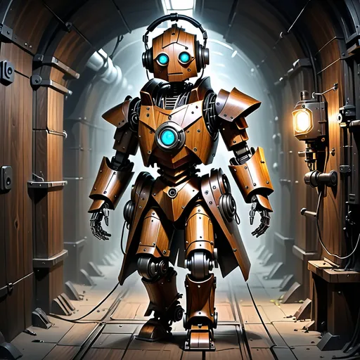 Prompt: a robot is walking through a tunnel in a suit of wooden armor and headphones on his head, with a light shining on his face, Clint Cearley, fantasy art, steampunk, concept art. A wooden cuckoo is on his shoulder