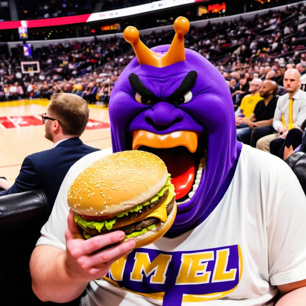 Prompt: grimace eating a huge big mac in the midel of an nba game