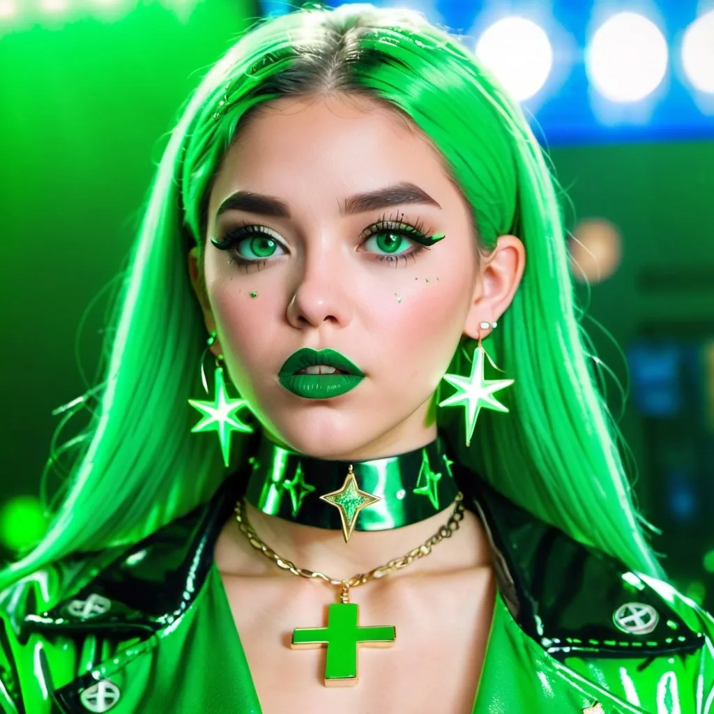 Prompt: 2020s, women, green choker, green eyes, green hair, blurry, blurry background, disco, party, choker, cross, green earrings, depth of concert hall, green earrings, green eyeshadow, green lights, jacket, jewelry, k/da \(league of legends\), lips, green lipstick, long green hair, looking at viewer, makeup, tv screens, photo \(medium\), piercing, solo, star \(symbol\), green star earrings, star print