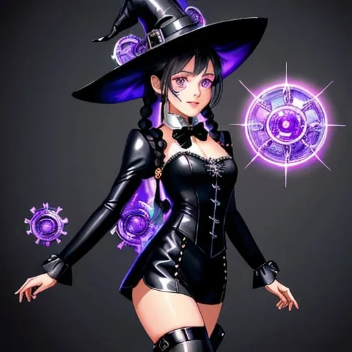 Prompt: SFW, Futuristic and Classic Steampunk, Adorable, One Young Woman In Picture, purple Capelette, Full Lips, Detailed Face, Young Cute Maiden Looking, Gears On Body, Two Hands and Two Arms, Perfect Composition Hands, Steampunk Victorian Retro Futuristic Witch, Cute Iron Witch Hat, Technical Witch, Interesting Powerful Technical Iron Robotic Exosuit, Steampunk Looking Costume, Regular Arms, Steampunk Witch, Witch Hat, Cute Action Gesture, silver Eyes, She Should Have Interesting silver French Braids, Full Lips, Detailed Face, Lovely Looking, Grown Adult Woman Looking, 20 Years Old, Regular Pose, Same Composition, Strong Grown Body, Very Beautiful, Stunning, Wearing a Steampunk Looking Black and Silver Colored Witch Outfit, Technical Metallic Victorian Steampunk Exosuit Outfit, Wearing a Black and Silver Steampunk Jumpsuit, purple Colored Victorian Mechanical Jumpsuit, Some purple On Outfit, Some Armor On Outfit, mid thigh skirt On Legs, Standing Still, SFW Body, sipver Hair Only, Large Gaiter, size D Chest, Victorian Inspired, Cute Animation Style, 2D Animation, Bowtie On Outfit, Perfect Composition Eyes, Cute Face, Cute Smile, OliFantasy, Black Hair and Brown Eyes Only, Hispanic, black Colored Clothes, French Braided Pigtails, Some silver On Outfit, fantasy background, Soulful, Adorable, Long Witch Hat, Minimalistic, Profile Picture, Brightened Picture, Higher Quality, Perfect Composition, Smaller Legs, Grown Body, Cute Animation Style, Athletic Legs, Black and Silver knee-high Boots, SFW Body, Strong Body, Thick Thighs,