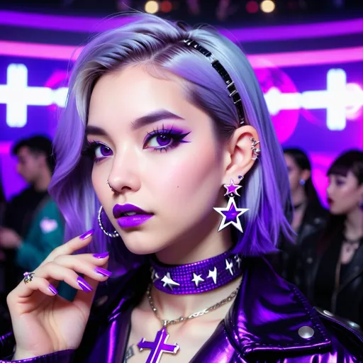 Prompt: 2020s, women, purple choker, purple eyes, purple hair, blurry, blurry background, disco, party, choker, cross, purple earrings, depth of concert hall, purple earrings, purple eyeshadow, purple lights, jacket, jewelry, k/da \(league of legends\), lips, purple lipstick, long purple hair, looking at viewer, makeup, tv screens, photo \(medium\), piercing, solo, star \(symbol\), purple star earrings, star print