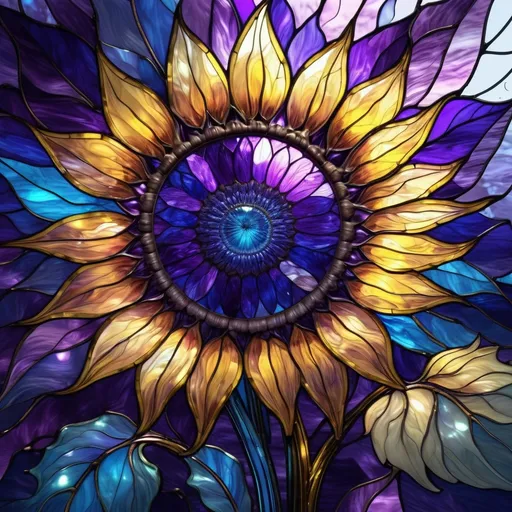 Prompt: transparent stained glass, sunflowers, shades of purple and blue, extreme detail, 4k, ultra hd, fantasy art, fractal art, digital painting, radiant, hyper-detailed, colorful