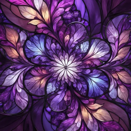 Prompt: transparent stained glass, flowers, shades of purple, extreme detail, 4k, ultra hd, fantasy art, fractal art, digital painting, radiant, hyper-detailed, colorful