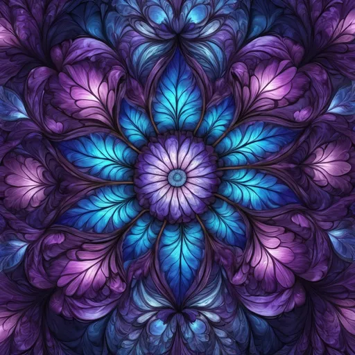 Prompt: transparent stained glass, flowers, shades of purple and blue, extreme detail, 4k, ultra hd, fantasy art, fractal art, digital painting, radiant, hyper-detailed, colorful