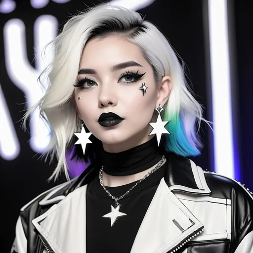 Prompt: 2020s, women, black and white choker, black and white eyes, black and white hair, blurry, blurry background, disco, party, choker, cross, black and white earrings, depth of concert hall, black and white earrings, black and white eyeshadow, rainbow lights, jacket, jewelry, k/da \(league of legends\), lips, black and white lipstick, long black and white hair, looking at viewer, makeup, tv screens, photo \(medium\), piercing, solo, star \(symbol\), black and white star earrings, star print
